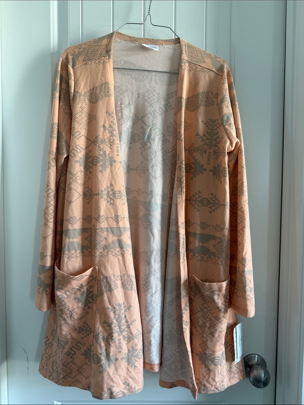 LuLaRoe Caroline Peach and Gray Open-Front Cardigan